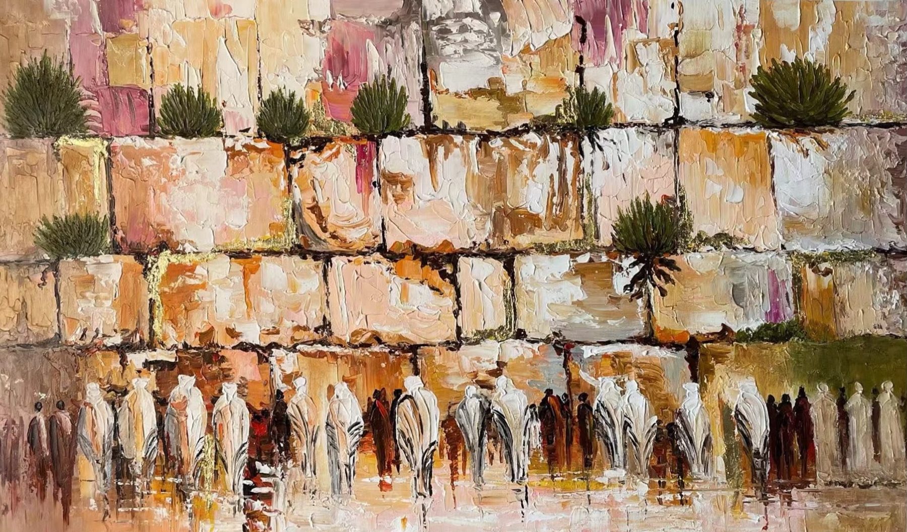 Kotel Western Wall painting in texture with gold leaf blossom