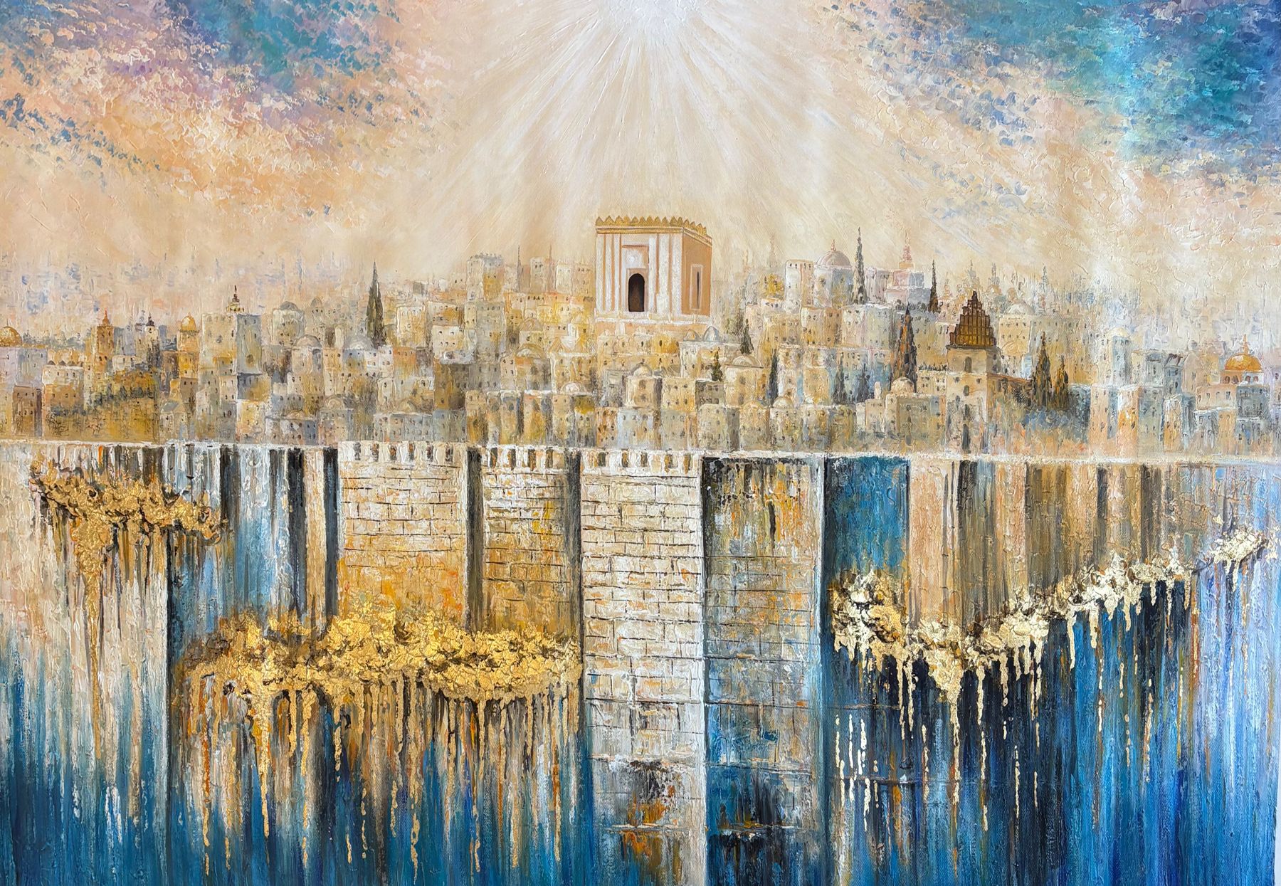Jerusalem with the Altneu synagogue of Prague, Judaica oil painting
