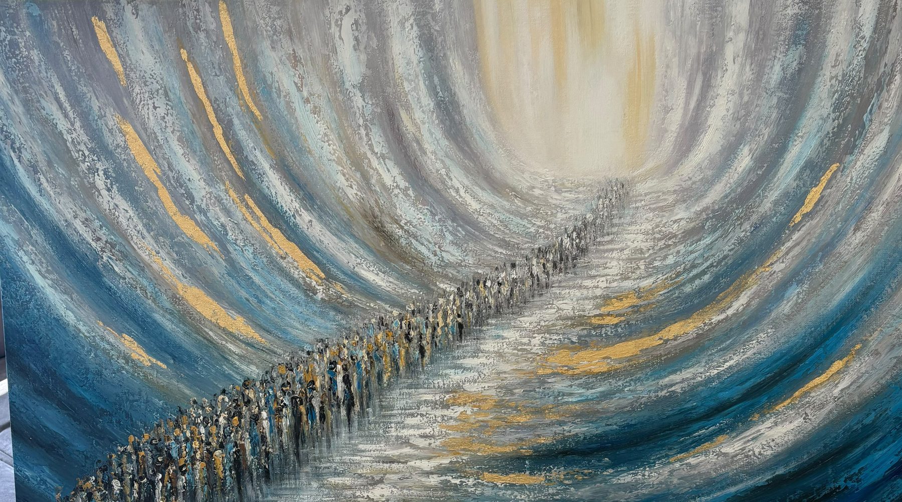 Splitting of the sea painting in grey, blue and gold, hand-painted in oil