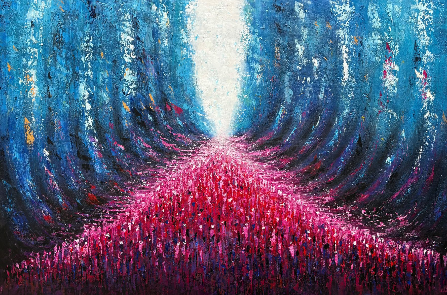 Abstract splitting of the sea painting in blue and pink, hand-painted in oil